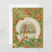 ヴィンテージクリスマスホースシューとホリー シーズンポストカード (正面/裏面)