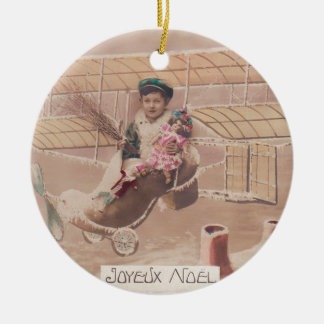 ヴィンテージクリスマスボーイ飛んでいる飛行船ファンタジーセラム セラミックオーナメント