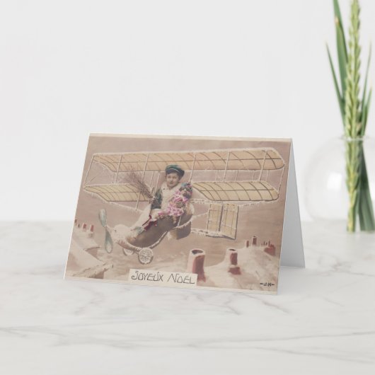 ヴィンテージクリスマスボーイ飛んでいる飛行船ファンタジー シーズンカード (正面)