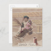 ヴィンテージクリスマスボーイ飛んでいる飛行船ファンタジー シーズンポストカード (正面/裏面)