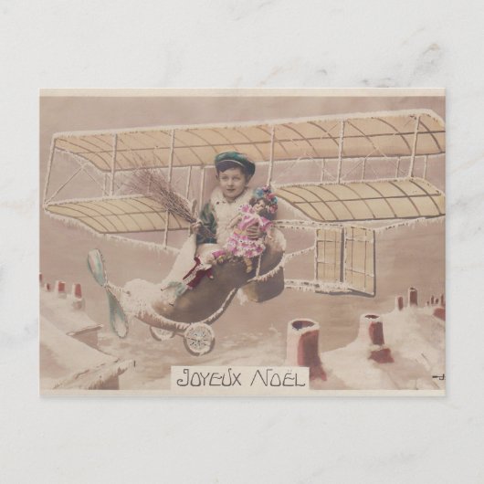 ヴィンテージクリスマスボーイ飛んでいる飛行船ファンタジー シーズンポストカード (正面)