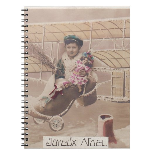 ヴィンテージクリスマスボーイ飛んでいる飛行船ファンタジー ノートブック (正面)