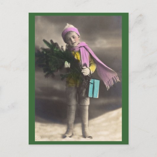 ヴィンテージクリスマスボーイ、ツリー&ギフト シーズンポストカード (正面)
