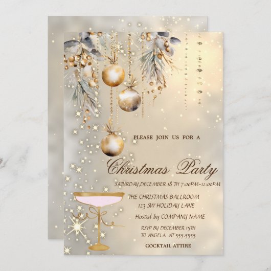 ヴィンテージクリスマスボール金ゴールドガラスパーティー 招待状 (正面/裏面)