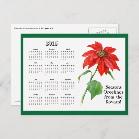 ヴィンテージクリスマスポインセチア花カレンダー シーズンポストカード (正面/裏面)