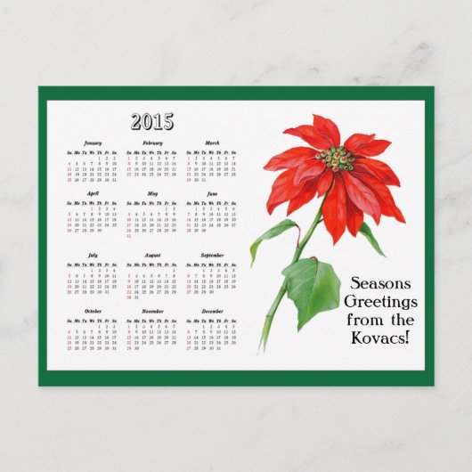 ヴィンテージクリスマスポインセチア花カレンダー シーズンポストカード (正面)
