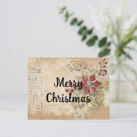 ヴィンテージクリスマスポインセチア花コラージュ ポストカード (スタンド正面)