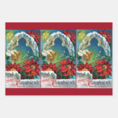 ヴィンテージクリスマスポインセチア金ゴールドベル ラッピングペーパーシート (正面2)