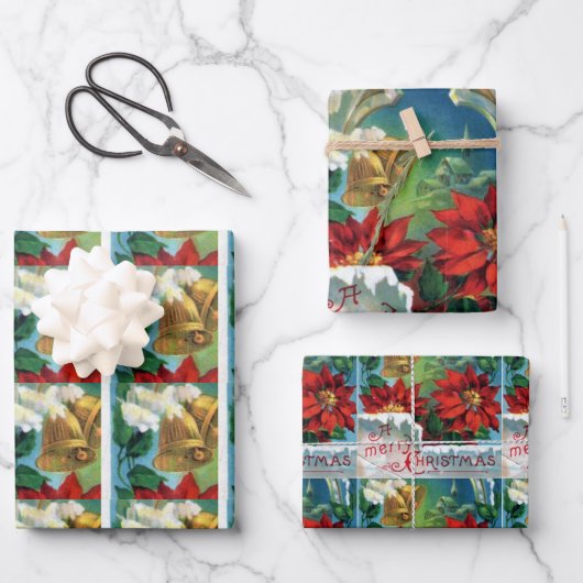 ヴィンテージクリスマスポインセチア金ゴールドベル ラッピングペーパーシート (正面)