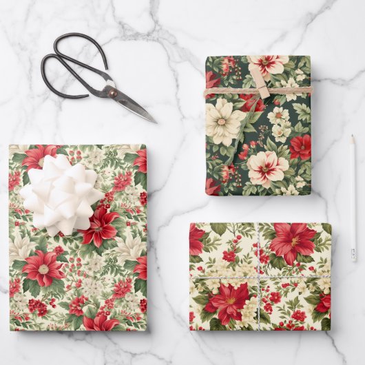 ヴィンテージクリスマスポインセチア ラッピングペーパーシート (正面)