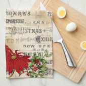 ヴィンテージクリスマスポインセティアスホリーキッチンタオル キッチンタオル (四つ折り)