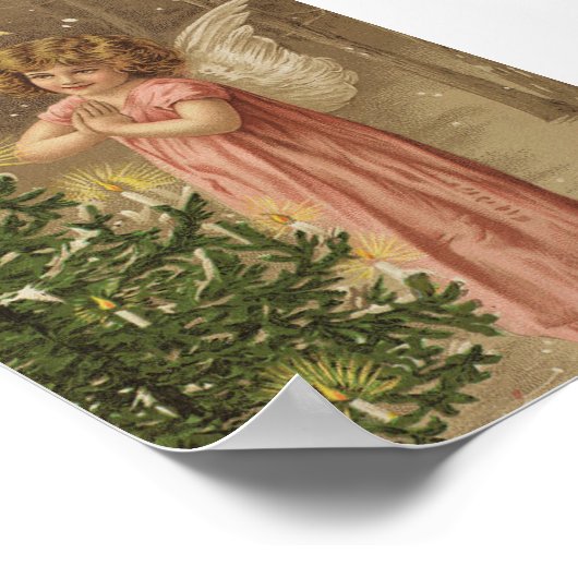 ヴィンテージクリスマスポスターエンジェルとクリスマスツリー ポスター (角)