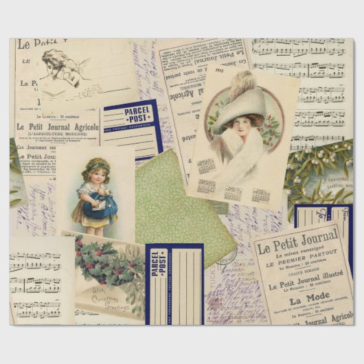 ヴィンテージクリスマスポストカードコラージラッピング紙 ラッピングペーパー (フラット)