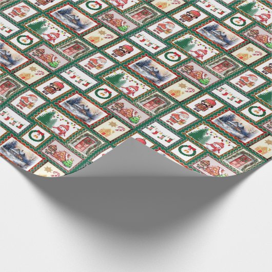 ヴィンテージクリスマスポストスタンプかわいい ラッピングペーパー (角)