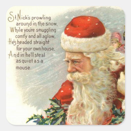 ヴィンテージクリスマスポーブサンタホリデーステッカー スクエアシール (正面)