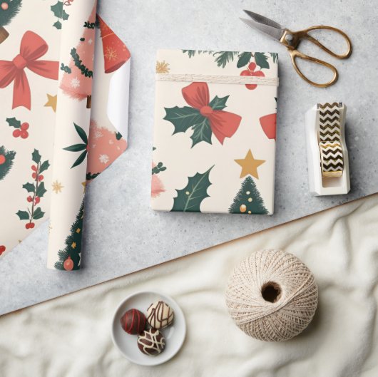 ヴィンテージクリスマスミステルトー&ボーズホリデー ラッピングペーパー (クラフト)