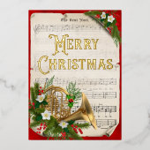 ヴィンテージクリスマスミュージックフランスのホルンレッド金ゴールド 箔シーズンカード (正面)