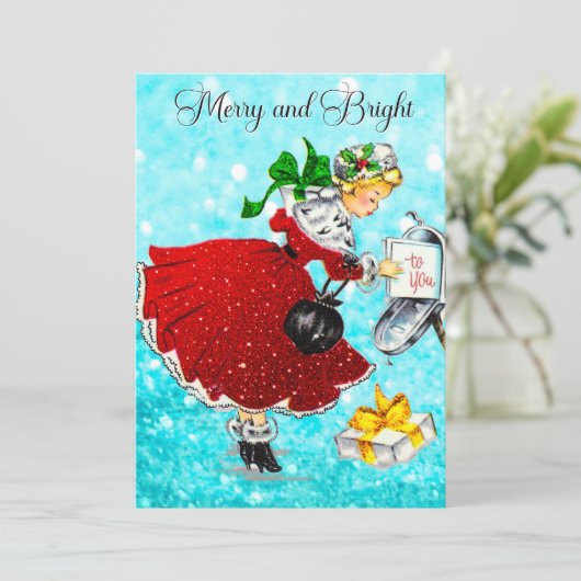 ヴィンテージクリスマスメイルボックス赤いグリッター女の子 シーズンカード (スタンド正面)