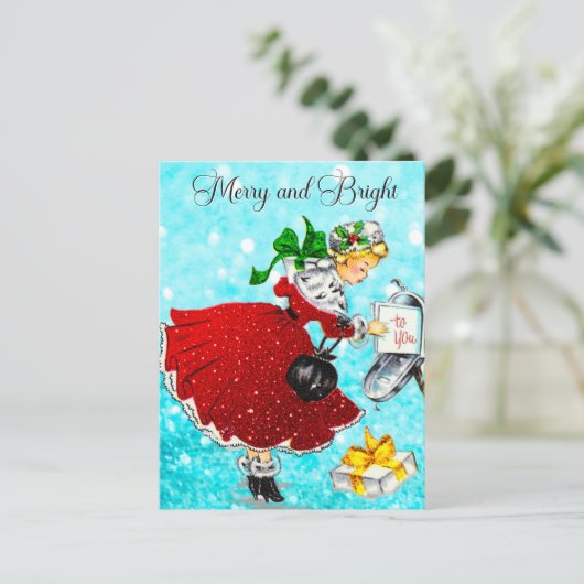 ヴィンテージクリスマスメイルボックス赤いグリッター女の子 ポストカード (スタンド正面)