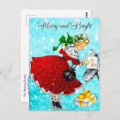 ヴィンテージクリスマスメイルボックス赤いグリッター女の子 ポストカード (正面/裏面)