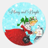 ヴィンテージクリスマスメイルボックス赤いグリッター女の子 ラウンドシール (正面)