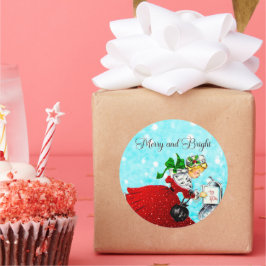 ヴィンテージクリスマスメイルボックス赤いグリッター女の子 ラウンドシール