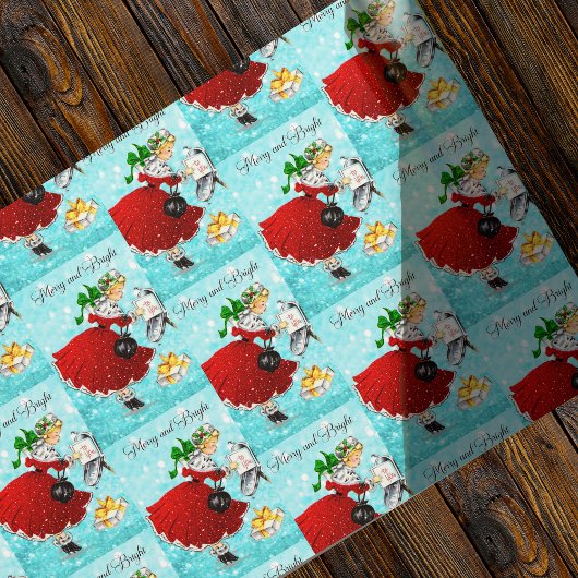 ヴィンテージクリスマスメイルボックス赤いグリッター女の子 ラッピングペーパー