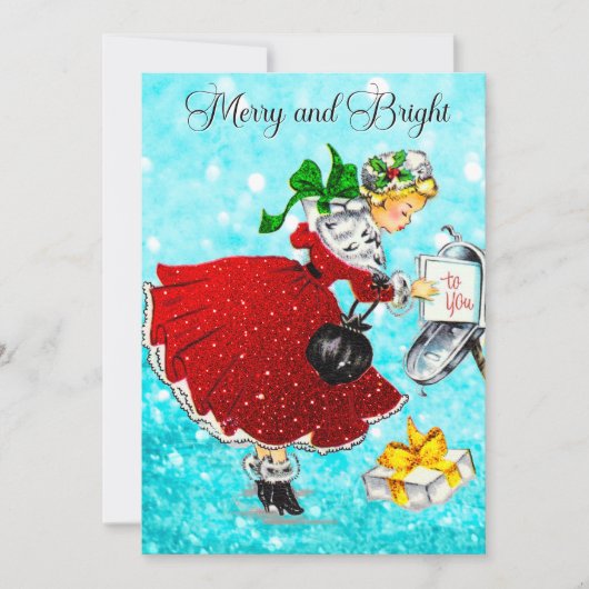 ヴィンテージクリスマスメイルボックス赤いグリッター女の子 招待状 (正面)