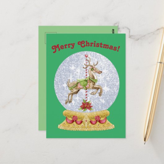 ヴィンテージクリスマスメリーがスノーグローブを回る ポストカード (正面/裏面インサイチュ)