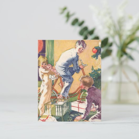 ヴィンテージクリスマスモーニング、プレゼント付き シーズンカード (スタンド正面)