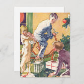 ヴィンテージクリスマスモーニング、プレゼント付き シーズンカード (正面/裏面)