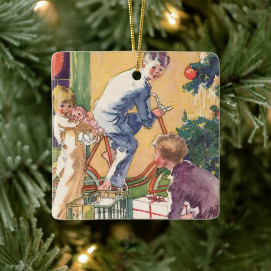 ヴィンテージクリスマスモーニング、プレゼント付き セラミックオーナメント (ツリー)