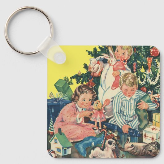 ヴィンテージクリスマスモーニング、子供たちが贈り物を開く キーホルダー (正面)