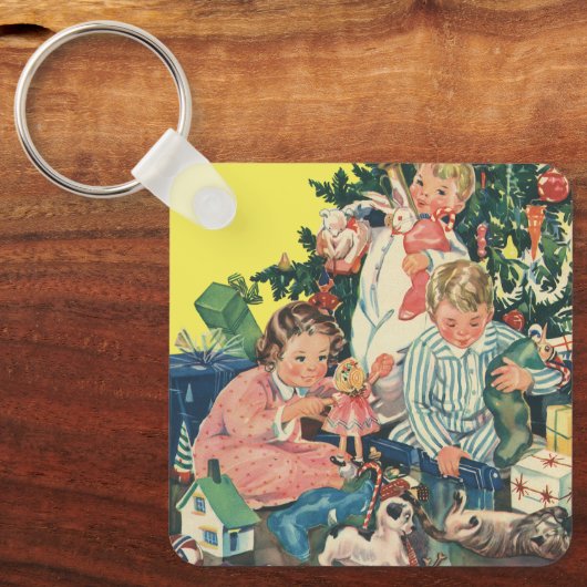 ヴィンテージクリスマスモーニング、子供たちが贈り物を開く キーホルダー (正面)