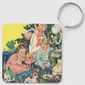 ヴィンテージクリスマスモーニング、子供たちが贈り物を開く キーホルダー (裏面)