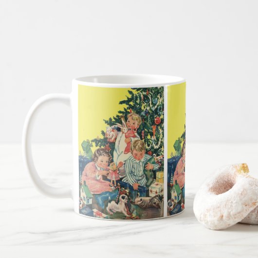 ヴィンテージクリスマスモーニング、子供たちが贈り物を開く コーヒーマグカップ (ドーナツ)