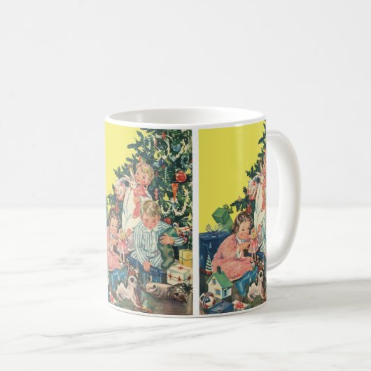 ヴィンテージクリスマスモーニング、子供たちが贈り物を開く コーヒーマグカップ (正面右)