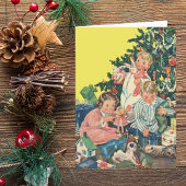 ヴィンテージクリスマスモーニング、子供たちが贈り物を開く シーズンカード