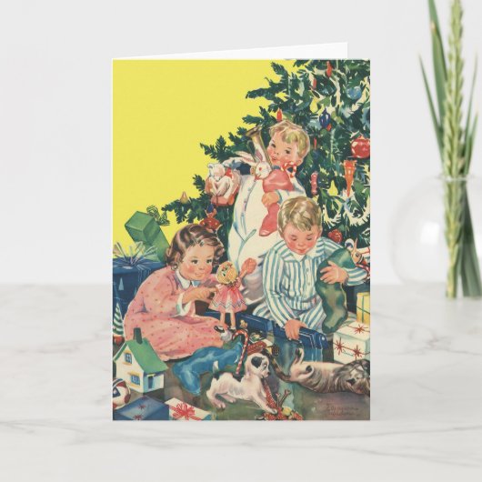 ヴィンテージクリスマスモーニング、子供たちが贈り物を開く シーズンカード (正面)