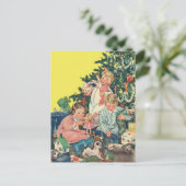 ヴィンテージクリスマスモーニング、子供たちが贈り物を開く シーズンポストカード (スタンド正面)