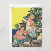 ヴィンテージクリスマスモーニング、子供たちが贈り物を開く シーズンポストカード (正面/裏面)