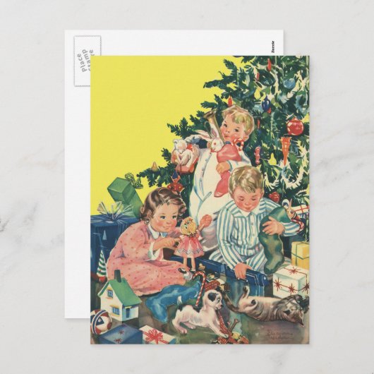 ヴィンテージクリスマスモーニング、子供たちが贈り物を開く シーズンポストカード (正面/裏面)
