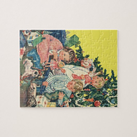 ヴィンテージクリスマスモーニング、子供たちが贈り物を開く ジグソーパズル (横)