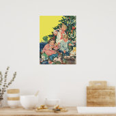 ヴィンテージクリスマスモーニング、子供たちが贈り物を開く ポスター (キッチン)