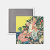 ヴィンテージクリスマスモーニング、子供たちが贈り物を開く マグネット (正面/裏面)