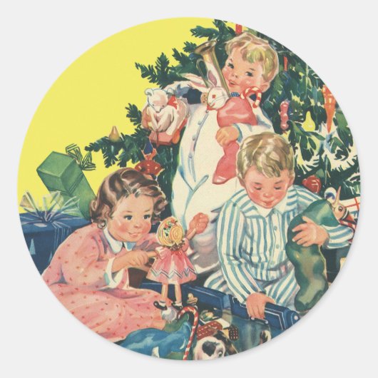 ヴィンテージクリスマスモーニング、子供たちが贈り物を開く ラウンドシール (正面)