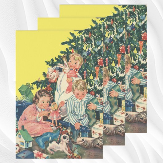 ヴィンテージクリスマスモーニング、子供たちが贈り物を開く ラッピングペーパーシート