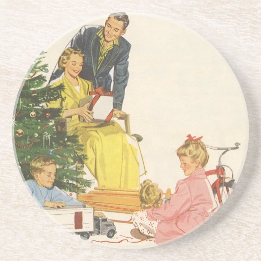 ヴィンテージクリスマスモーニング、家族開放プレゼント コースター (正面)