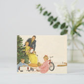 ヴィンテージクリスマスモーニング、家族開放プレゼント シーズンポストカード (スタンド正面)