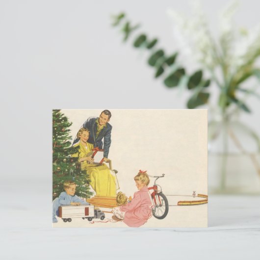 ヴィンテージクリスマスモーニング、家族開放プレゼント シーズンポストカード (スタンド正面)